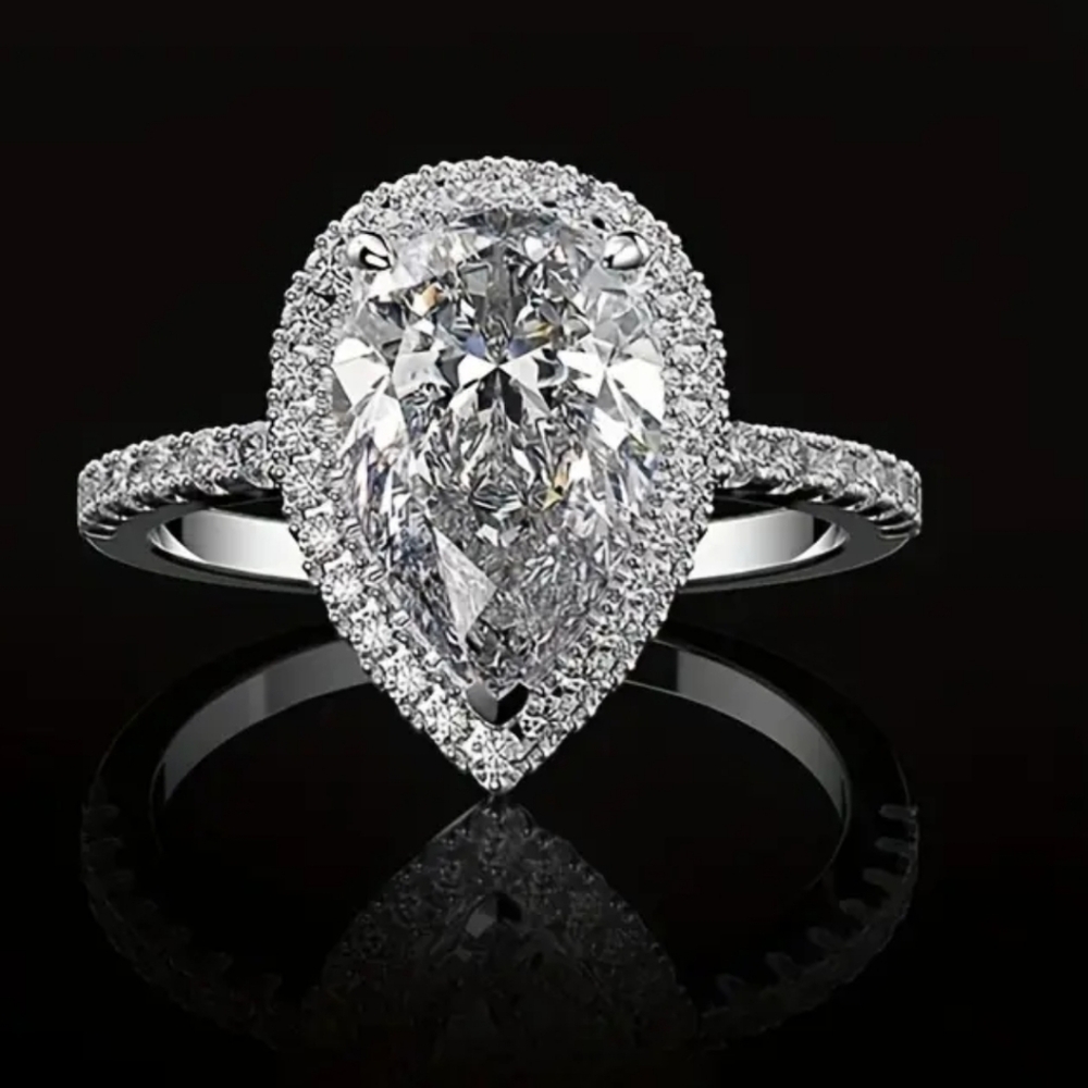 #26 Silver Glittering Teardrop Simulation Diamond Ring, Copper